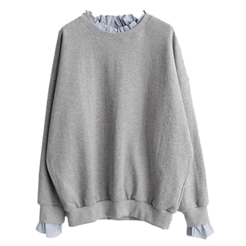 Fake 2-pieces Sweatshirt for Women Stylish Split Long Sleeve Striped Inside Autumn Winter Girls Sweet Loose Tops M-XXL | Женская одежда