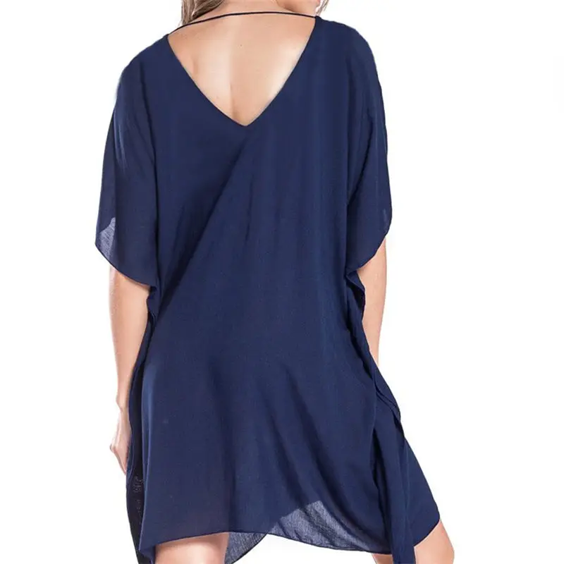 2020 темно-синее вышитое летнее пляжное платье с рукавами летучая мышь и v-образным