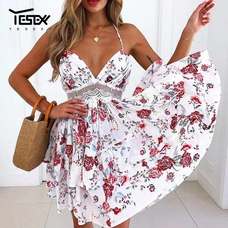 Yesexy 2019 летний цветочный принт с открытой спиной женское платье в богемном