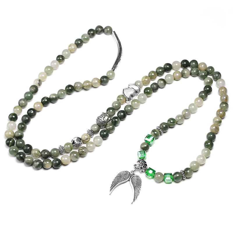Natural Green Grass lace Agates Bracelet 108 Mala Bracelet Buddha Wing Pendant Chakra 6MM Beaded Necklace Yoga Prayer Bracelets