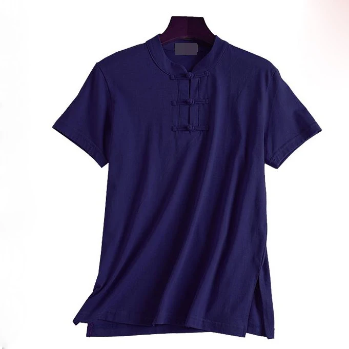 dark blue Унисекс, летний хлопковый костюм в стиле Танг с короткими рукавами, футболки для боевых искусств кунг-фу, тайцзи, униформа для медитации, желтый/серый/розовый/синий - Цвет: dark blue