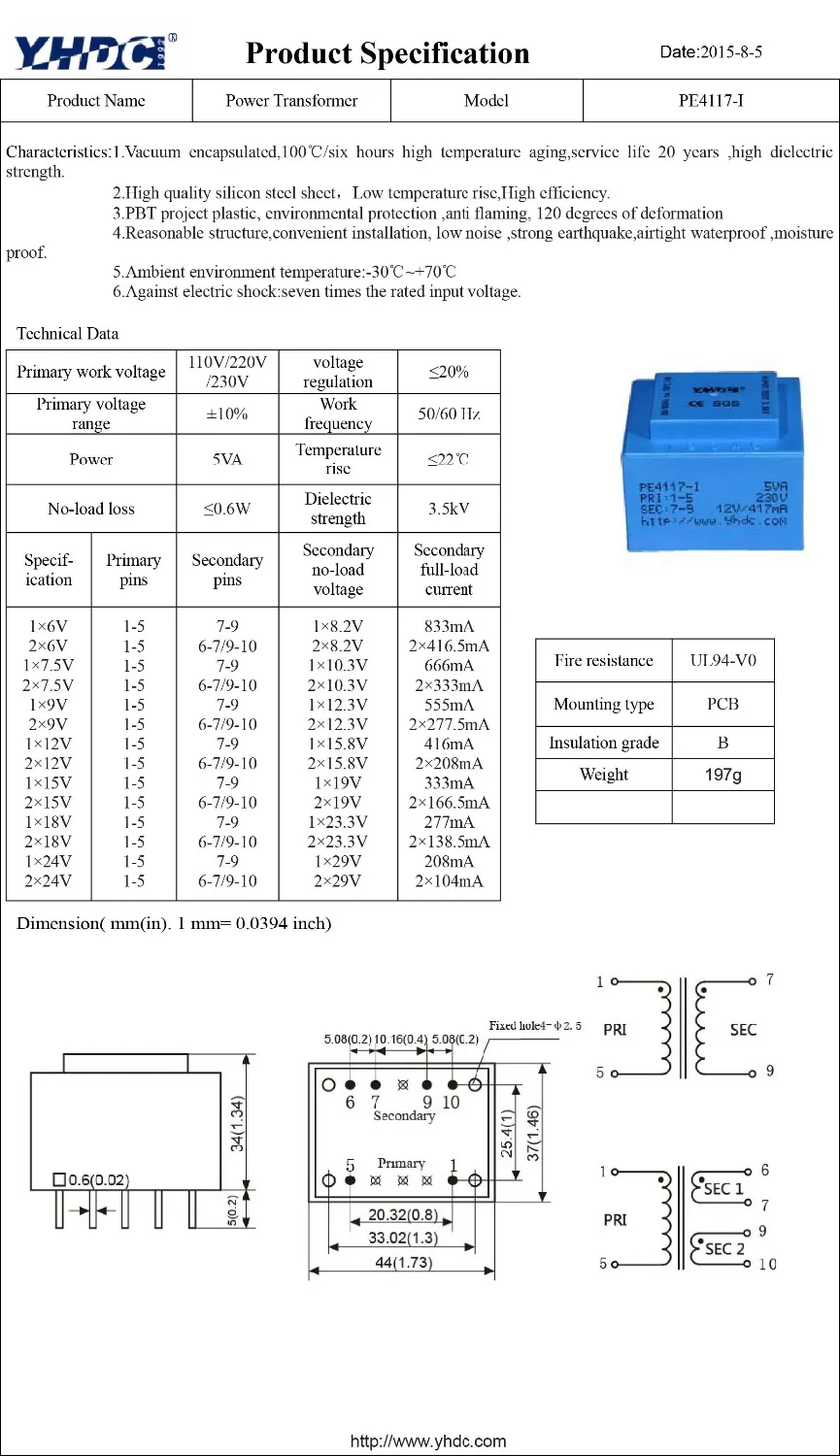 YHDC PE4117 I Power 5VA 220V/24V Инкапсулированный трансформатор для монтажа на печатной плате
