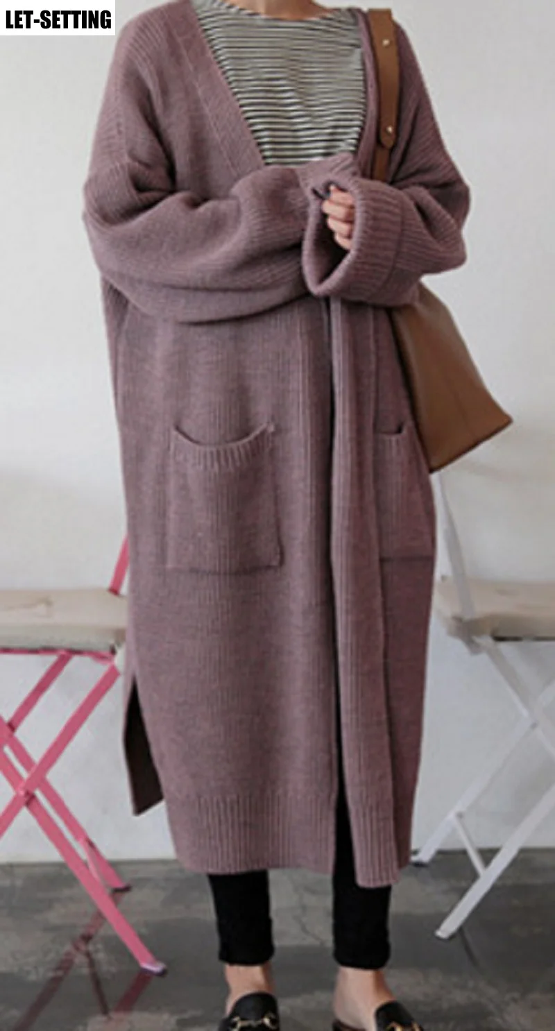 Весенне-осенний винтажный корейский длинный кардиган свернутый однотонный