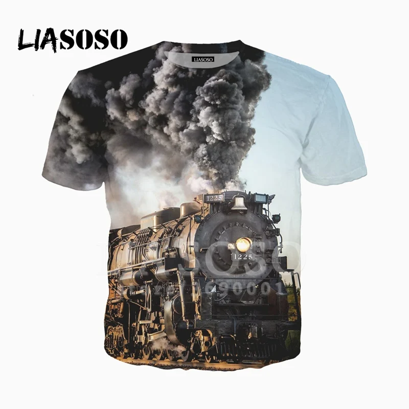 LIASOSO 3D принт для мужчин и женщин паровой двигатель поезд газовая футболка Летняя