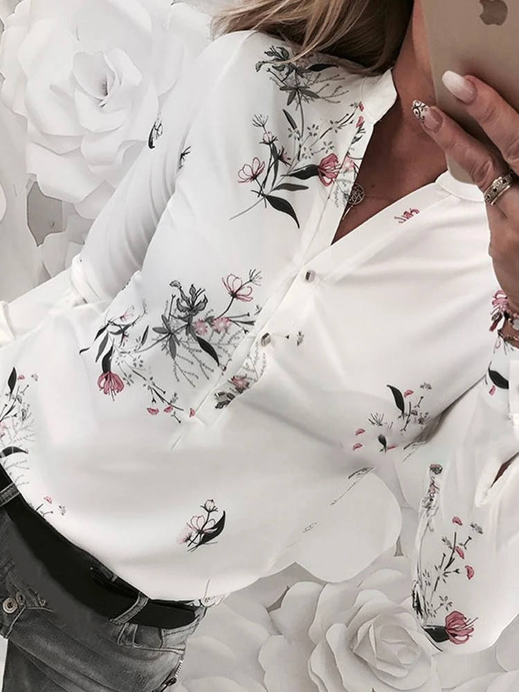 

2020 Women Elegant Fashion Brief Workwear Basic Shirt Female Top Regular Floral Print Long Sleeve Casual Shirt