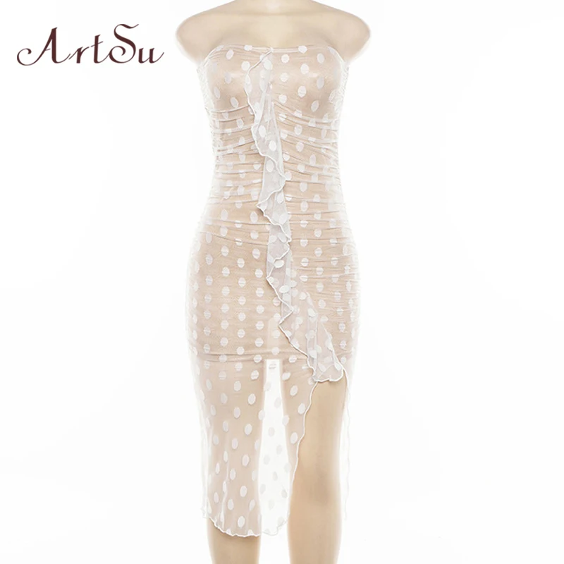 ArtSu милое прозрачное Сетчатое облегающее Клубное платье для женщин без бретелек