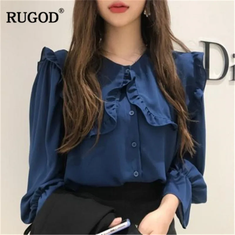RUGOD Новые однотонные шифоновые женские рубашки с оборками с длинным рукавом элегантные женские блузки с круглым вырезом шикарные женские топы blusas mujer de moda