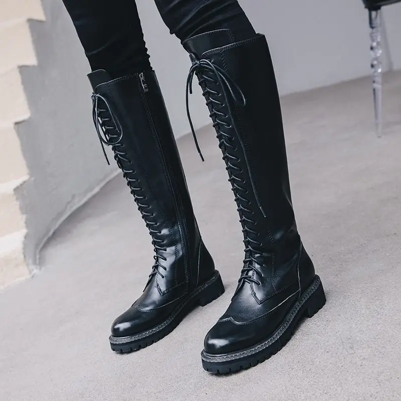 Женские сапоги на шнуровке ASUMER черные до колена из натуральной воловьей кожи