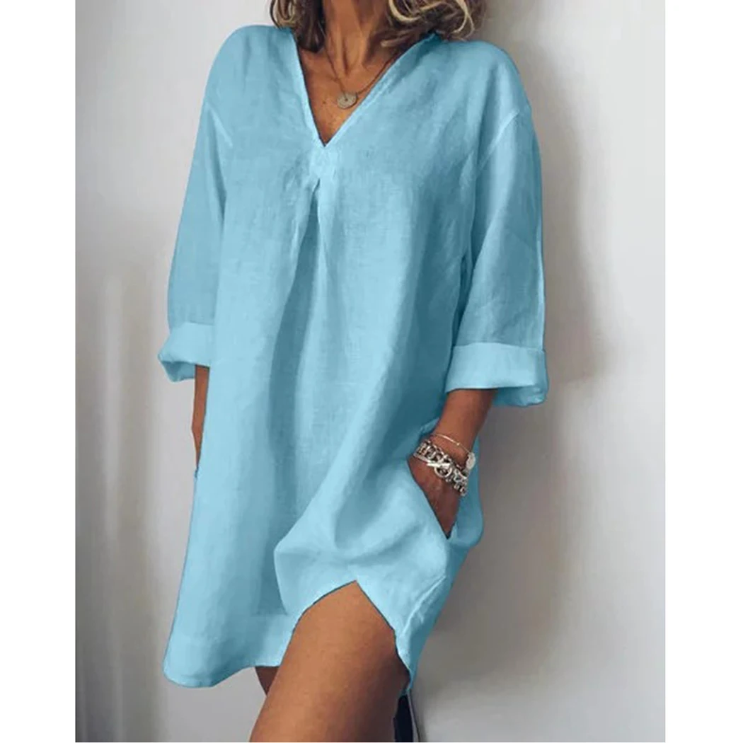 Женское платье-рубашка Летнее мини-платье с v-образным вырезом и рукавом три