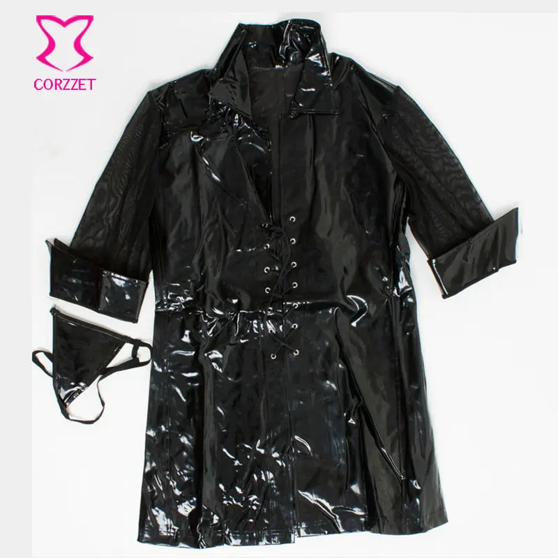 Женское Прозрачное платье с рукавами-сетками черное платье-пальто из ПВХ на