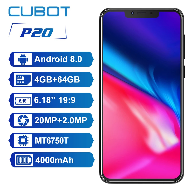 Cubot P20 6 18 'ཏ:9 экран 4 Гб 64 MT6750T восьмиядерный смартфон Android 8 0 4000 мАч 2246*1080 20MP + 2.0MP