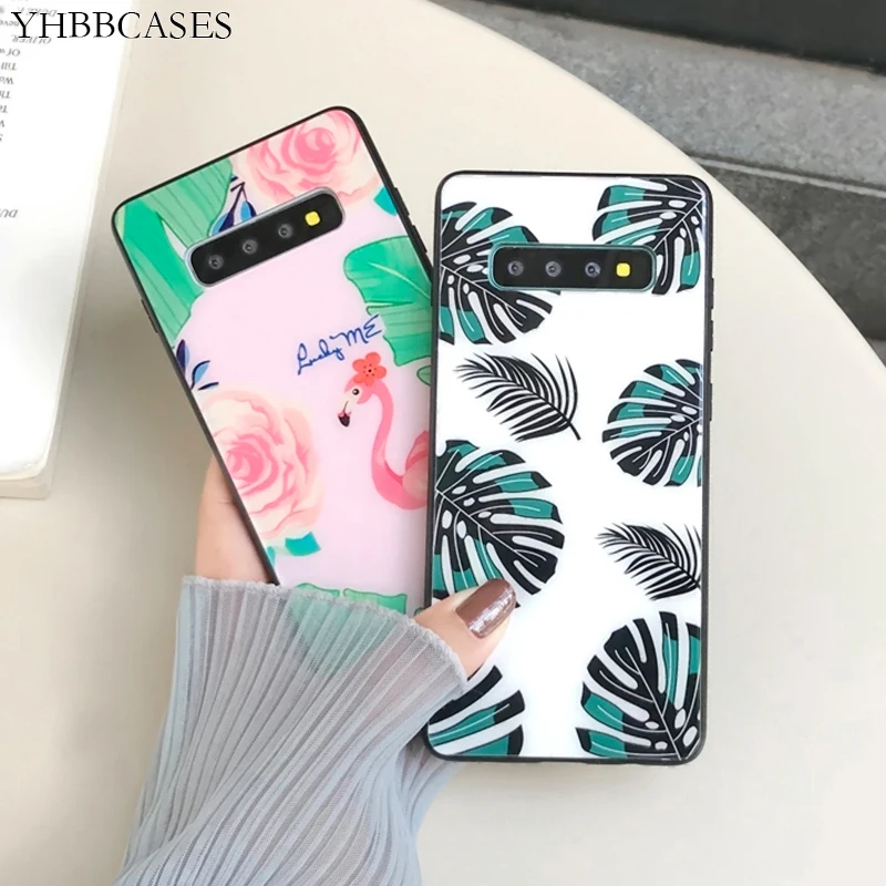 YHBBCASES Cartoon Tempered Glass Cases For Samsung Galaxy S10 S8 S9 Plus Banana Leaf Flamingo Phone Cover Note 8 9 | Мобильные