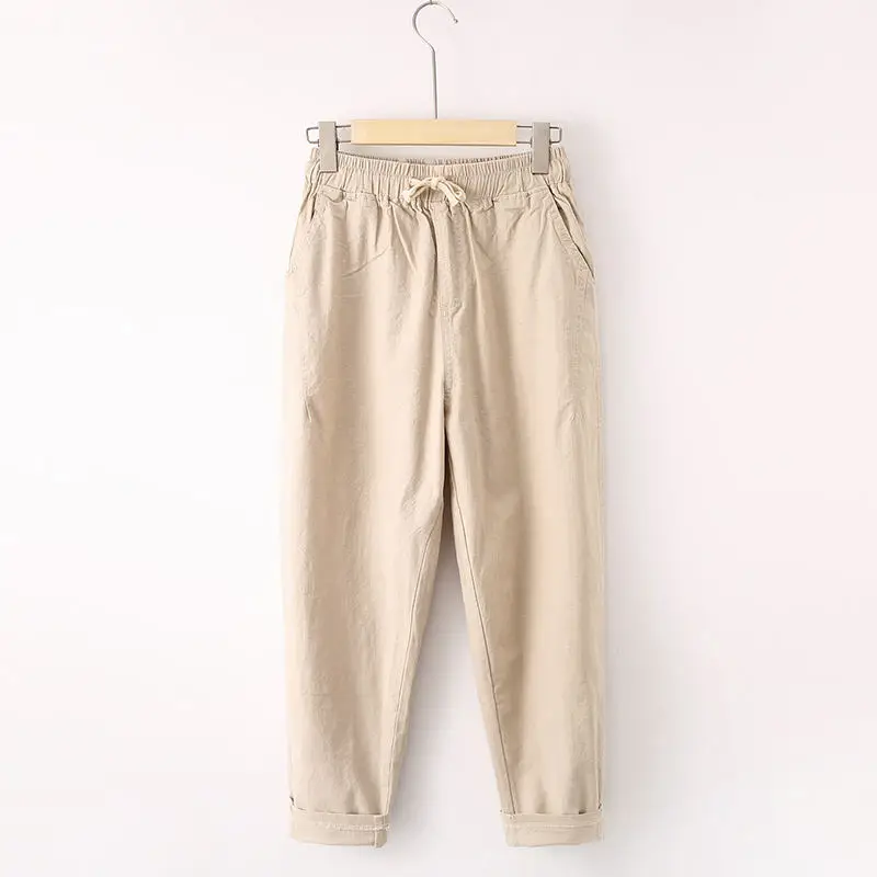 Light khaki Хлопковые льняные штаны для женщин, Свободные повседневные штаны-шаровары, женские уличные штаны на шнуровке с высокой талией, женские брюки Q1636 - Цвет: Light khaki