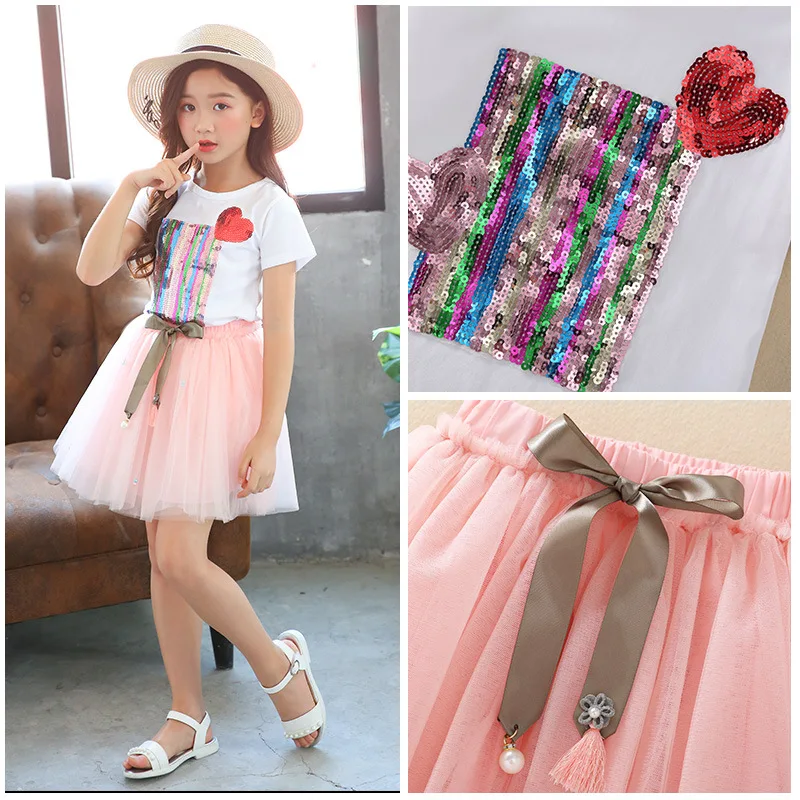 

Free Shipping KIds 2019 New Cotton Sequin Heart Top + Tulle Skirt Birthday Dress Party Wear Festival flamingo Summer Suit