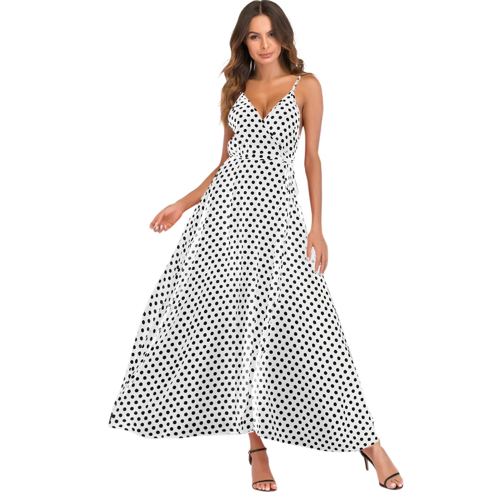 Женское платье макси в горошек с высоким разрезом V образным вырезом|Женские