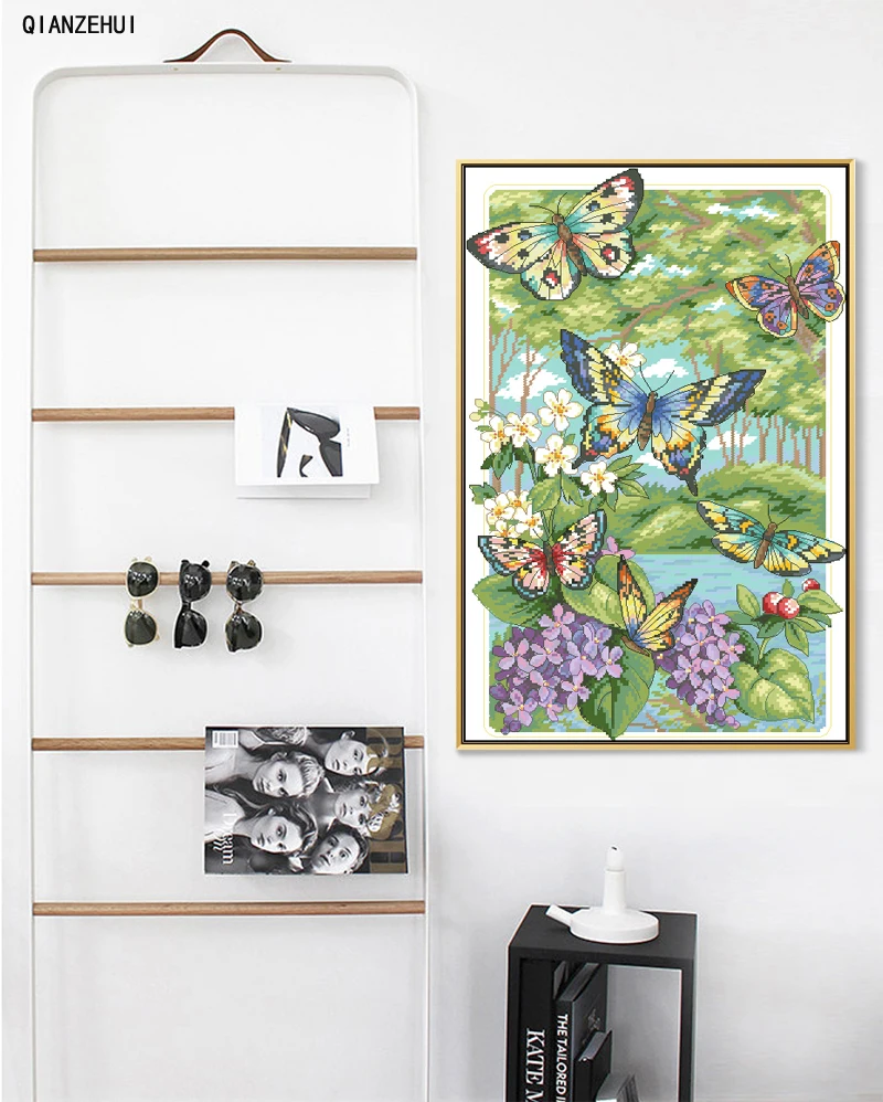 QIANZEHUI Needlework DIY Butterflies fly in the forest Cross stitch Sets For Embroidery kits Cross-Stitching Wall Home Decro | Дом и сад