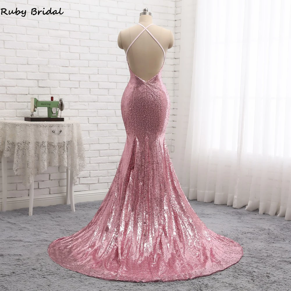 Женское вечернее платье с открытой спиной Ruby Bridal розовое блестками и модель PW938