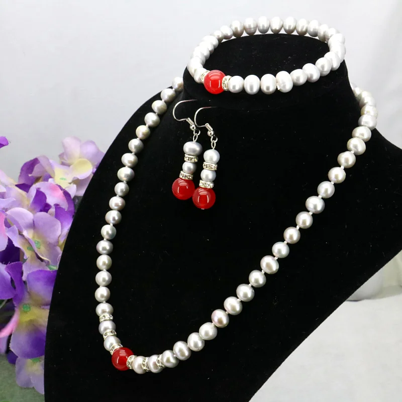 

Gray pearl red Chalcedony necklace sets 7-8mm necklace 18"bracelet 7.5" earring 2pc/lot charming women jewelry making design