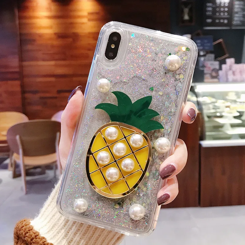 For iPhone XS XR MAX Anti-knock Case X 6 6S 7 8 Plus Cute Fruit pineapple Liquid quicksand Soft TPU Phone |
