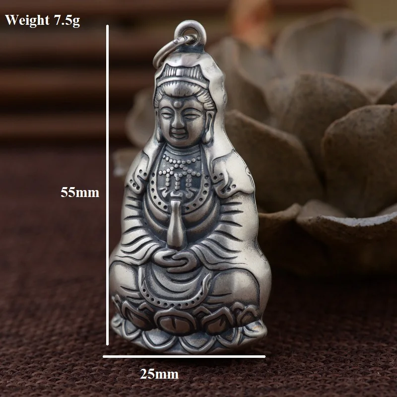 Серебро 100% пробы тибетская подвеска буддийская Kuanyin Авалокитешвара амулет на