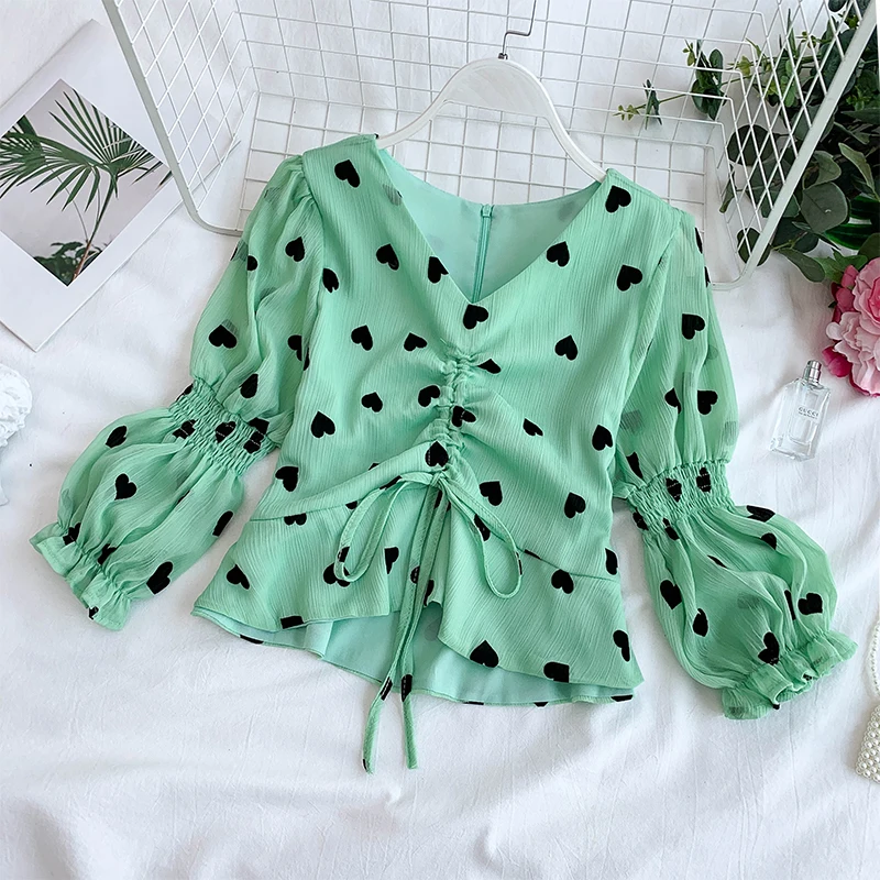 Летняя 2019 Милая шифоновая Женская короткая блузка элегантная милая с пышными