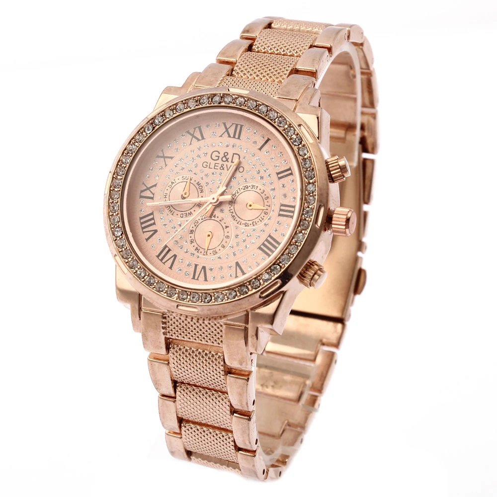 G & D женские модные золотые часы с браслетом из нержавеющей стали стразы