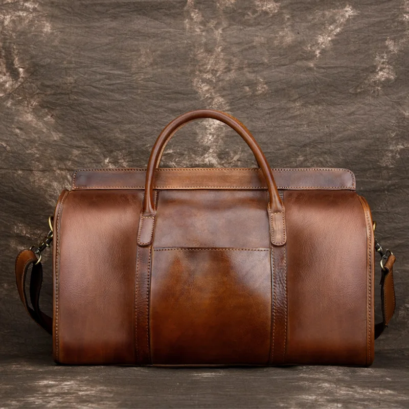 Luxury Vintage Natural Genuine Leather Men's Travel Bags Retro Cowskin Handbags Short Casual Business Trip Travel Bag