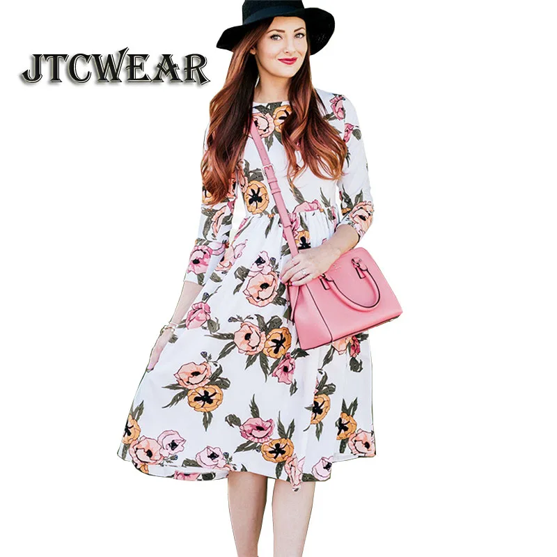 JTCWEAR осень с длинным рукавом свободное платье цветочным принтом круглым вырезом