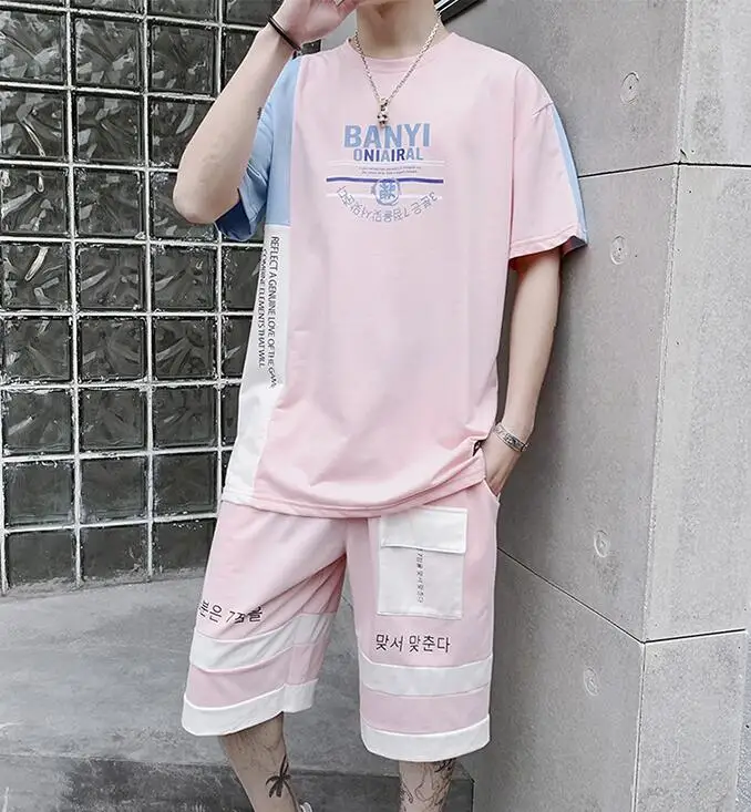 Rlyaeiz High Quality 2019 Summer Men Tracksuit Sets Casual Color Patchwork Letter Printed T shirts + Shorts Male Sporting Wear | Мужская