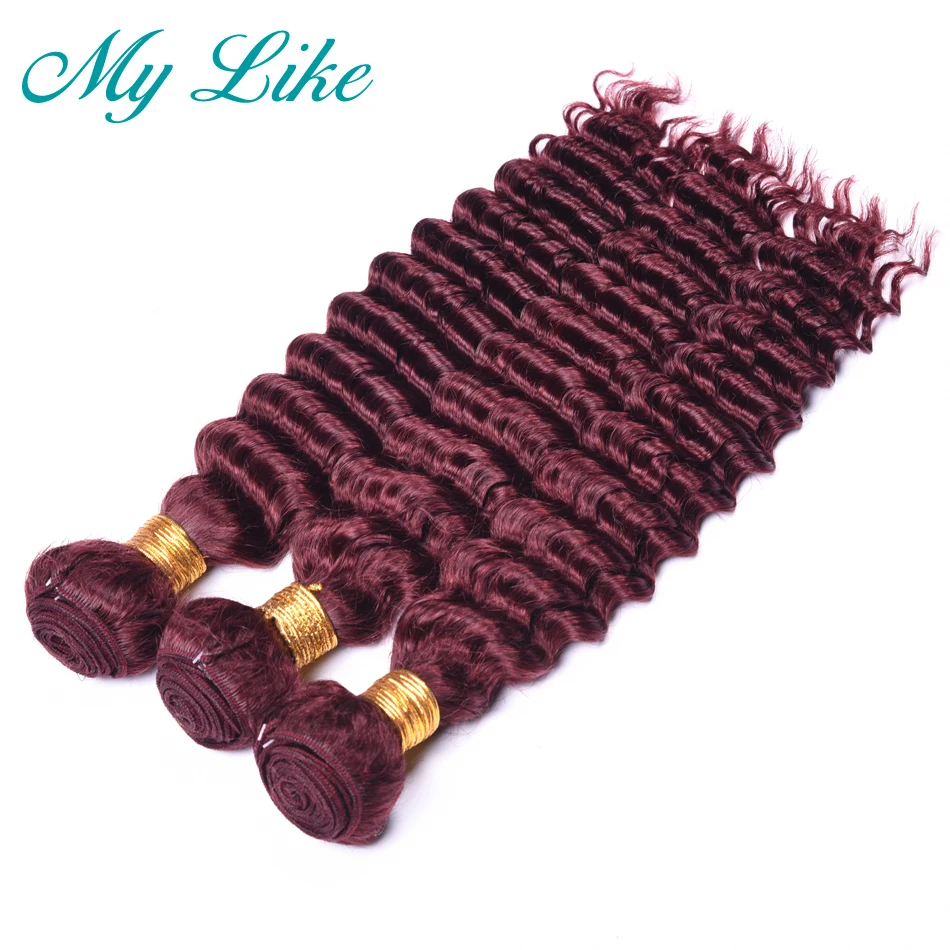 My Like Brazilian Deep Wave Hair Weave 3 Bundles Middle Ratio 8&quot-24&quot 99J Red Burgundy Non-remy 100% Human Extension | Шиньоны и