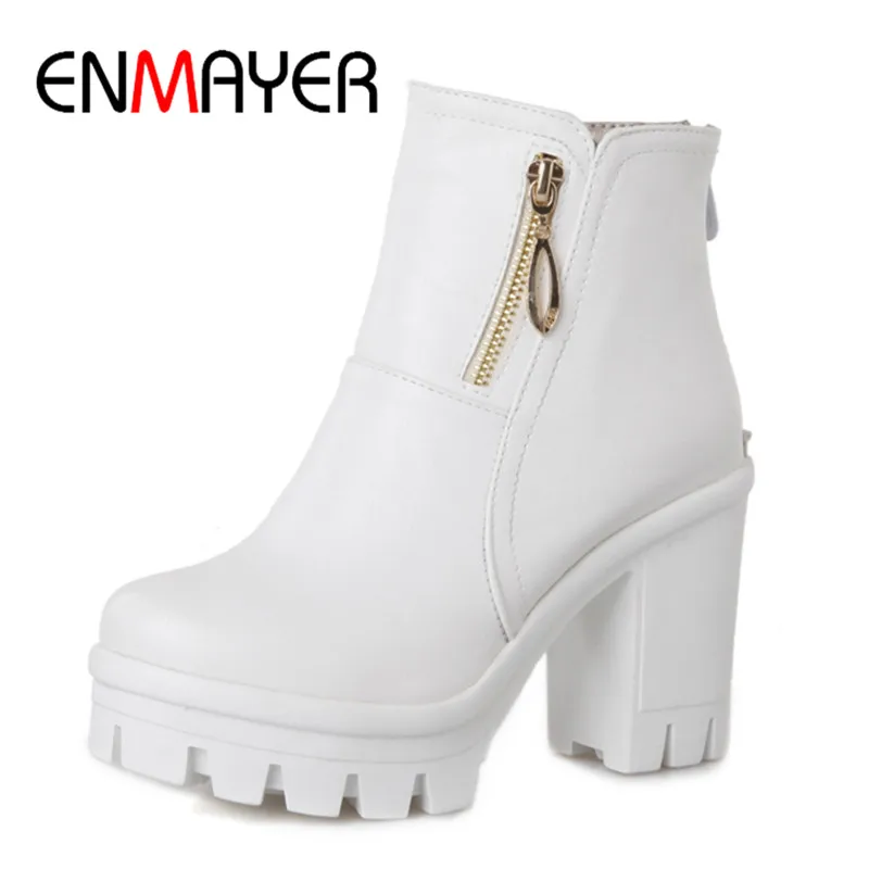 

ENMAYER Women Fashion Winter Boots High Heel Zip Woman Ankel Shoes Round Toe Square Heel Super High Flock Platform Boots Shoes