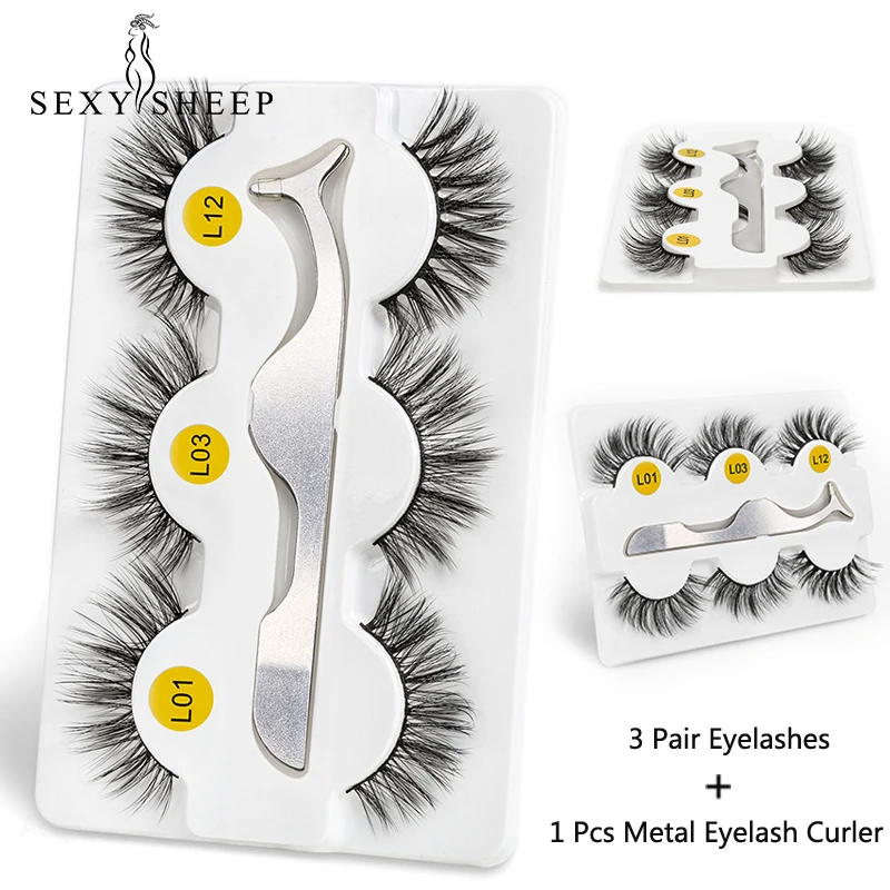SEXYSHEEP, 3 пары, 3D, искусственные норковые ресницы, Длинные Накладные ресницы, ресницы для наращивания, бигуди, набор для макияжа глаз, maquiagem