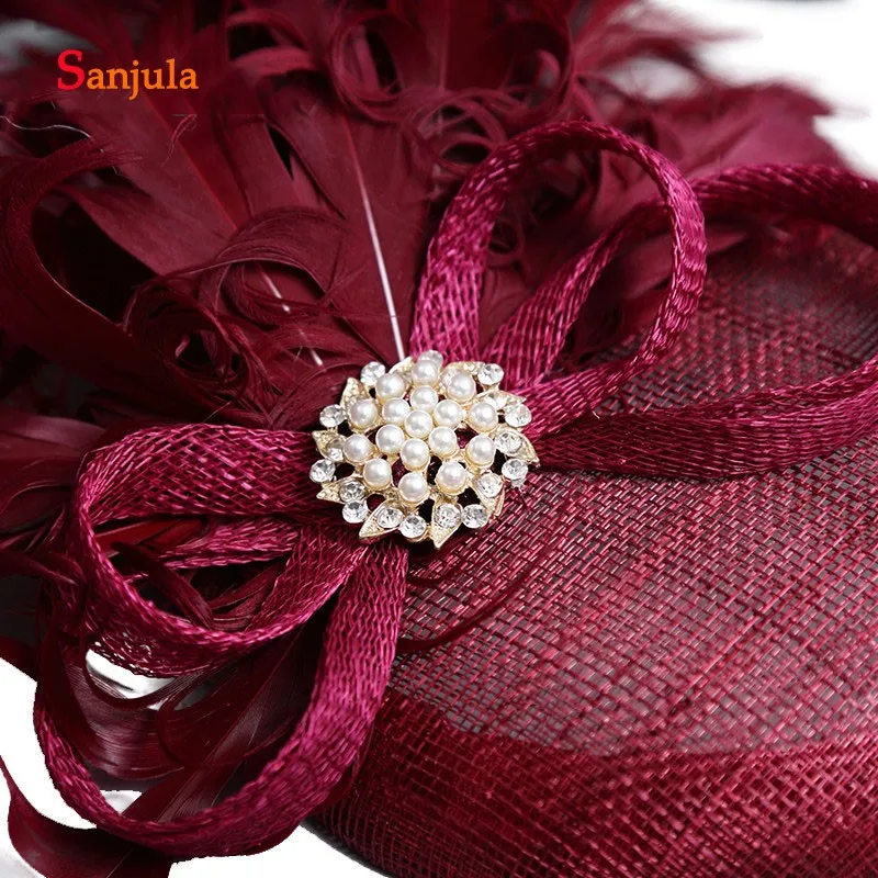 Женские бордовые головные уборы высокого качества свадебные с перьями и