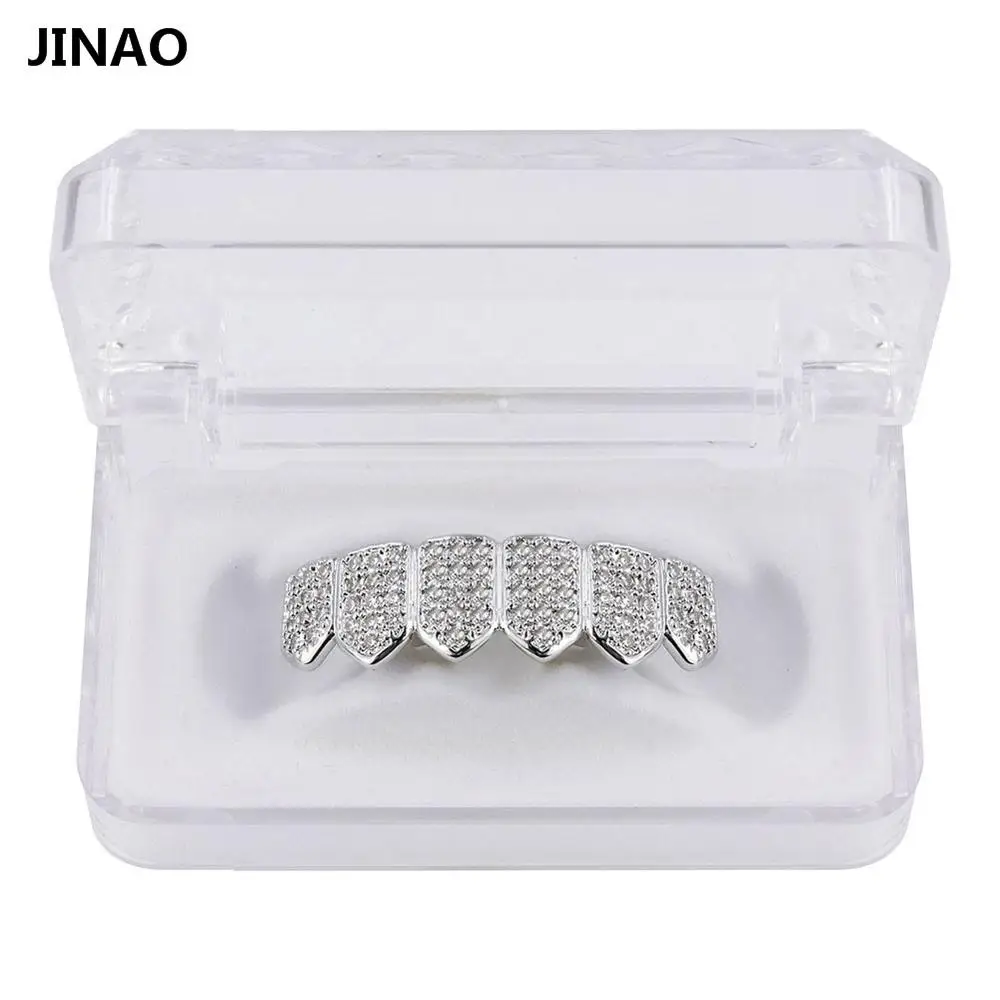 Jinao для хип-хопа зубы Grillz цвет чистого золота покрытием микро Pave CZ камни Топ и нижние грилзы Рот зубы комплект решеток корабль от нас - Окраска металла: Silver Bottom