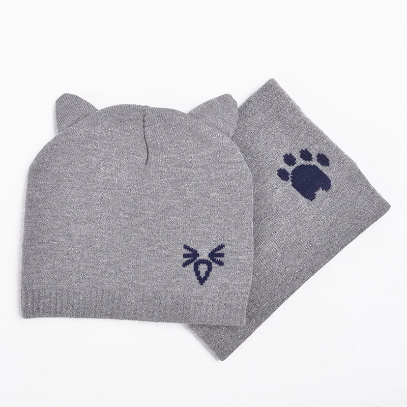 gray cat 1 комплект, милая детская шапка с медведем из мультфильма, шарф, зимняя вязаная теплая шапка для новорожденного, одноцветная Защитная шапка с ушками, круглые шарфы, детская шапочка - Цвет: gray cat