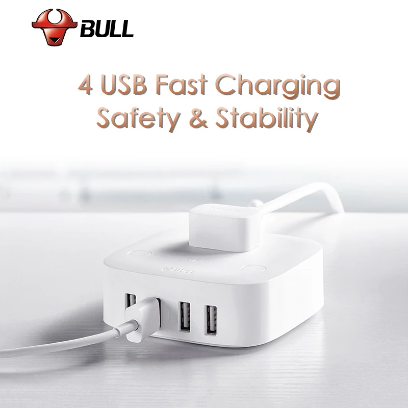 BULL Smart Charger 4 USB 2.4A Fast Charging 10A/250V/2500W Timing Function for iPhone iPad Samsung S9 S9+ Xiaomi Huawei P10 | Электроника