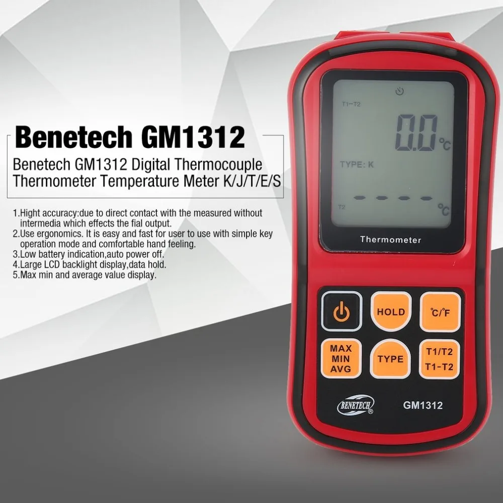 Benetech GM1312 цифровой термометр термопары Двухканальный измеритель температуры для