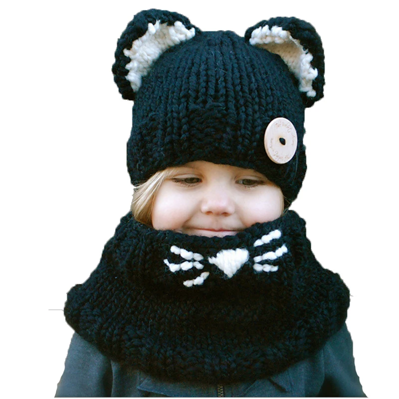 Модные зимние ветрозащитные шляпы и шарф набор для детей вязаные крючком