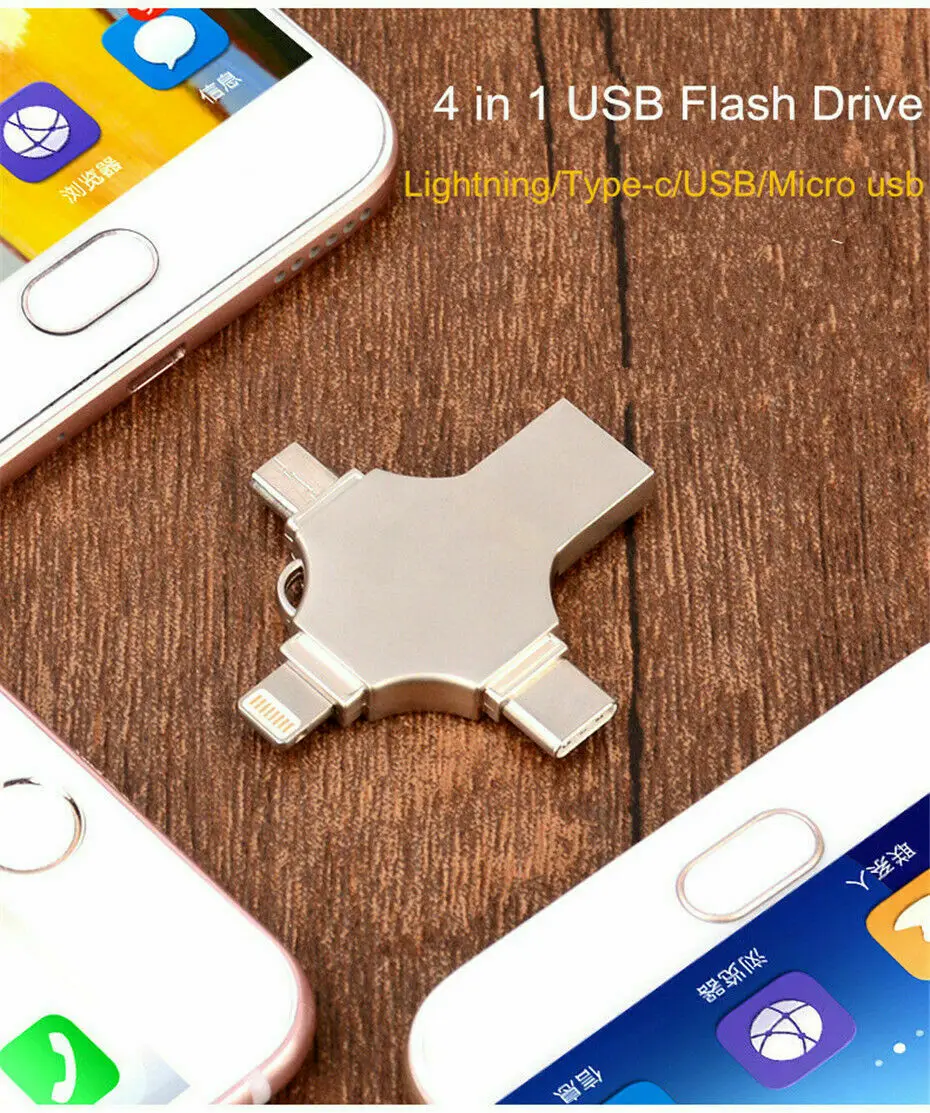 Флэш-накопитель 4 в 1 для iPhone 64 Гб OTG USB флэш-накопитель /Type C устройство Micro Usb 128 ГБ 256