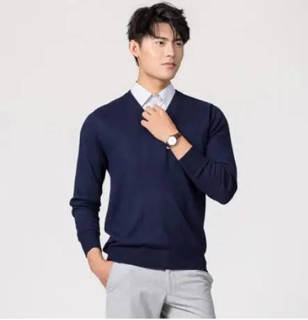 v-neck blue Кашемировый хлопковый свитер, мужские свитера, Осень-зима, Базовый теплый джемпер pull noel homme, пуловер, мужские вязаные свитера с v-образным вырезом - Цвет: v-neck blue