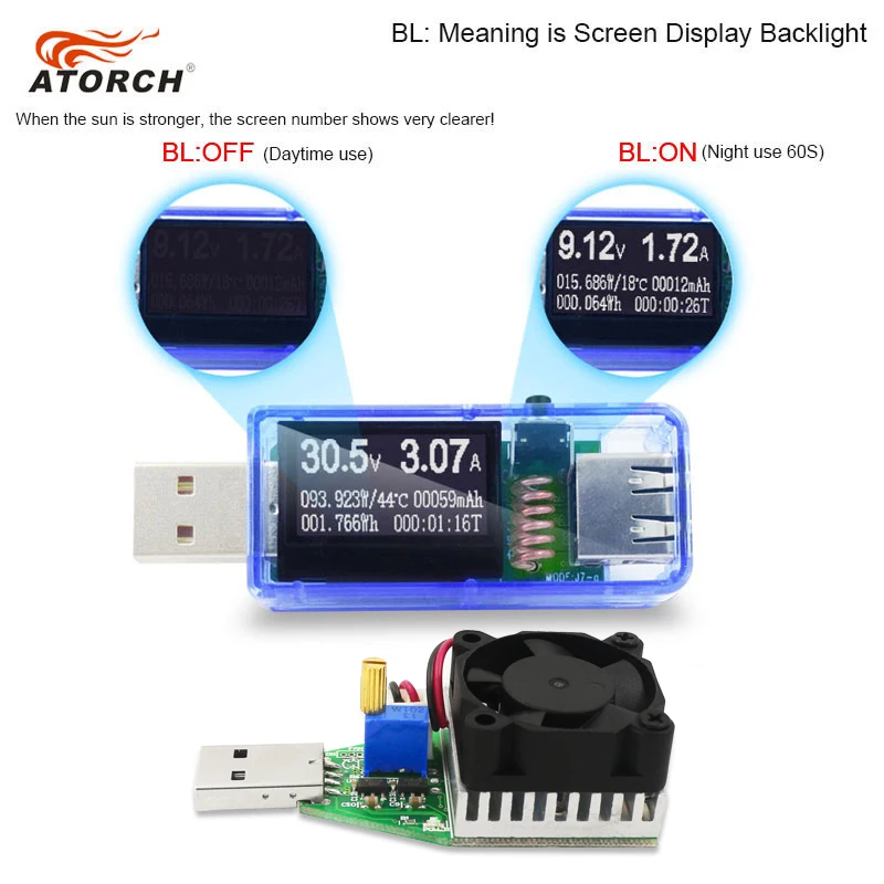 ATORCH USB тестер+ DC нагрузка Цифровой вольтметр 15 Вт power bank старение зарядное устройство индикатор автомобиля напряжение измеритель тока доктор детектор