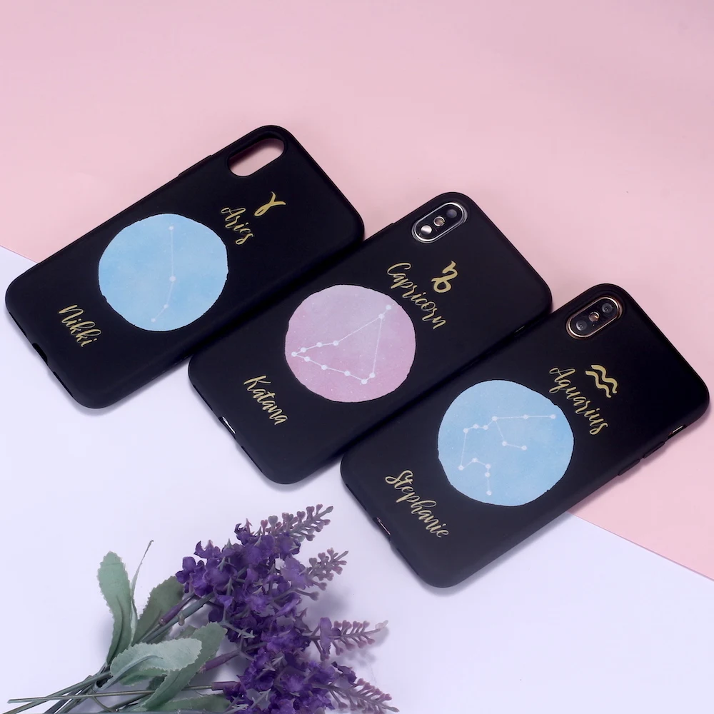 

Custom Personalised Zodiac Star Sign Horoscope Name Monogram Mobile Phone Black Case For iPhone 12 XS Max XR 7Plus 8Plus Cover
