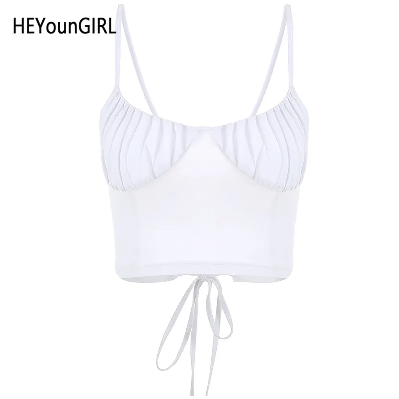 Белый HEYounGIRL повседневное белый сексуальный укороченный Топ для женщин Спагетти ремень безрукавки для футболка без рукавов Ruched Cami - Цвет: Белый