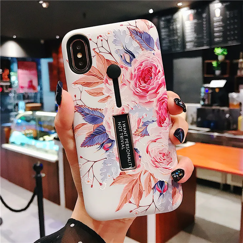 For iPhone 11 11pro Max 8 7 6 plus X XS XR Fashion peony Silicon Ring Phone Cover Hide Stand Holder Case |