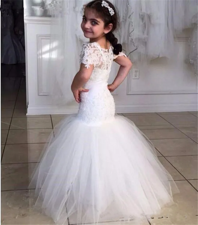 Elegant White Flower Girl Dress for Wedding Lace Up Back Mermaid Floor Length Kids Girls Dresses Pageant Gown Custom Made Size