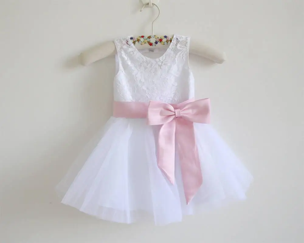 White Lace Flower Girl Dress Pink Baby Girls Tulle Dresses With Sash/Bows Sleeveless | Свадьбы и торжества