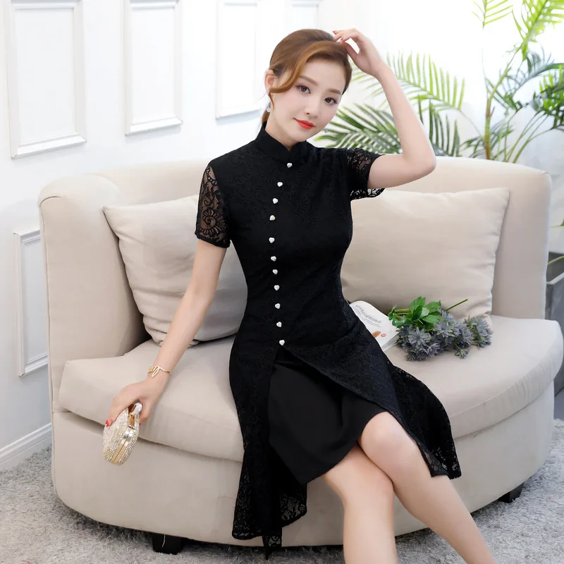 Летнее Новое кружевное платье Aodai Cheongsam элегантное женское на пуговицах ручной
