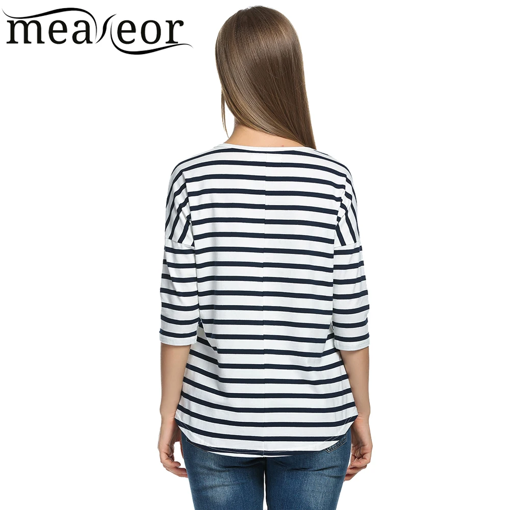 Meaneor женские полосатые футболки 2018 Лето 3/4 рукав летучая мышь черные белые Топы