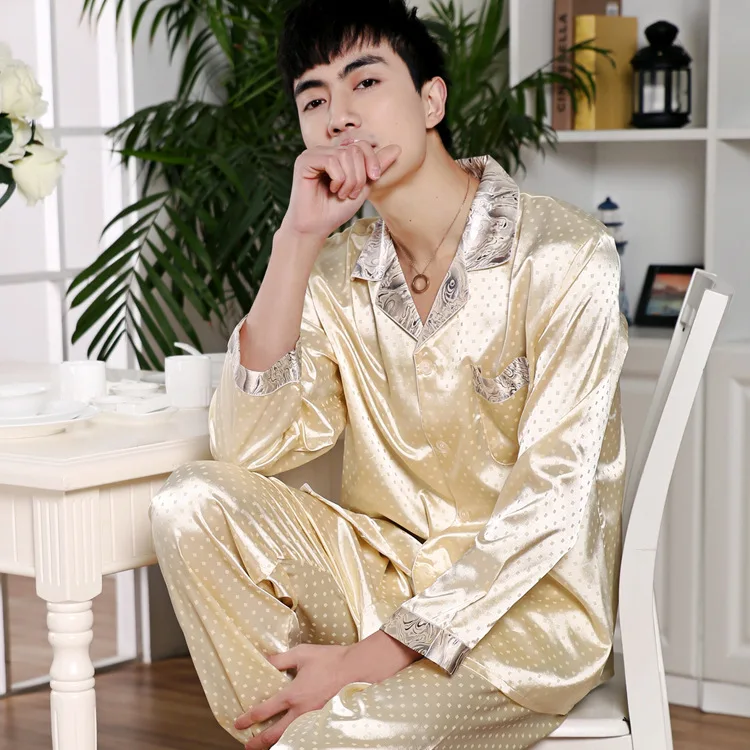 Фото 2020 Мужская Ночная рубашка с длинным рукавом мягкая китайская шелковая пижама