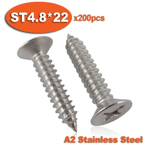

200pcs DIN7982 ST4.8 x 22 A2 Stainless Steel Self Tapping Screw Cross Recessed Countersunk Head Self-tapping Screws